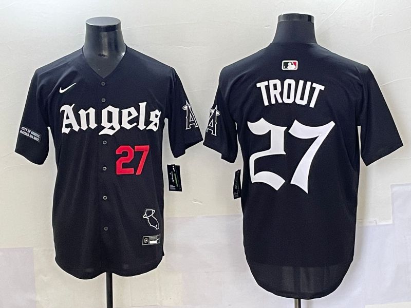 Men 2025 Los Angeles Angels #27 Trout Black Five generations Joint Name Nike MLB Jersey style 8->los angeles angels->MLB Jersey